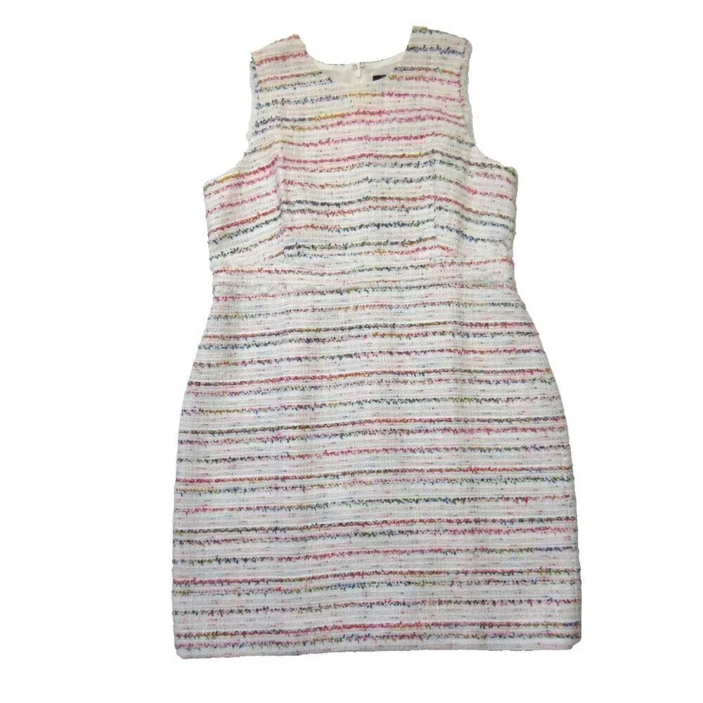NWT J.Crew Sheath in Ivory Rainbow Multi Tweed Sleeveless Fringe Dress 18
